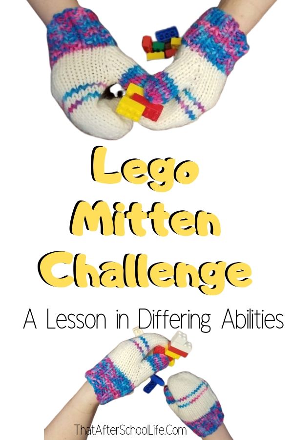 The lego mitten challenge is a fun learning activity with a serious message. This project will have kids laughing as they struggle to connect legos while wearing mittens. The point of this activity? To encourage discussion about differing abilities.